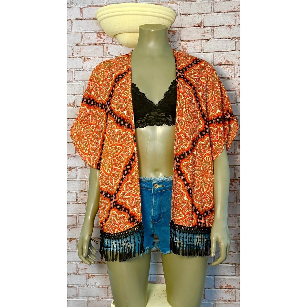 Boho Orange Paisley‎ Fringe Kimono Festival Cardigan Size M Concert Cowgirl